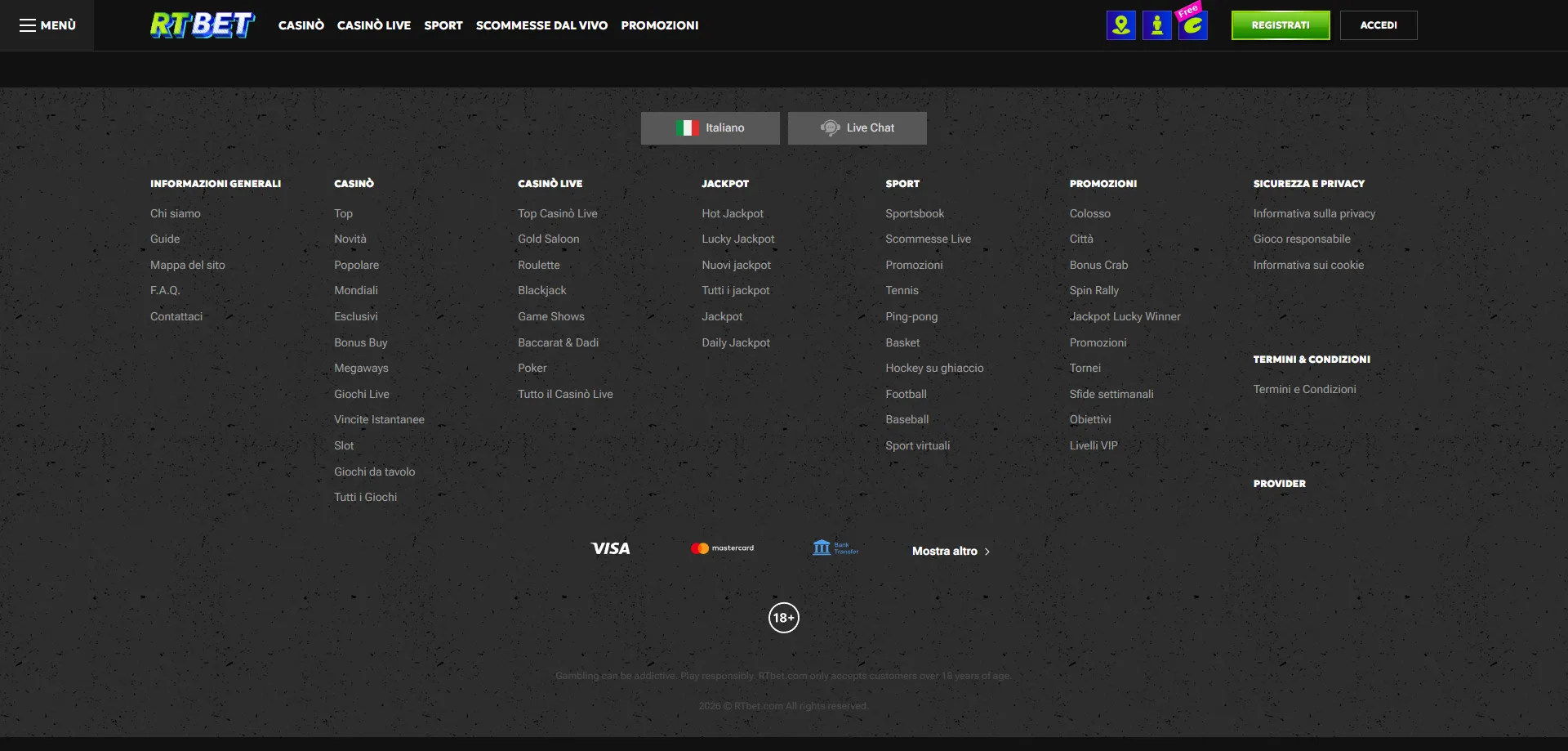 RTbet Casino Italia panoramica piattaforma gioco online 2026