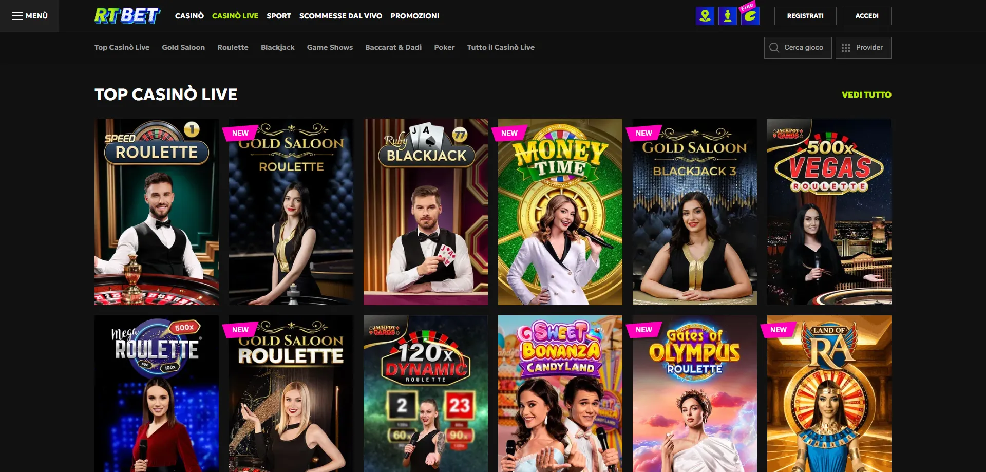 RTbet casinò dal vivo croupier reali game show in diretta